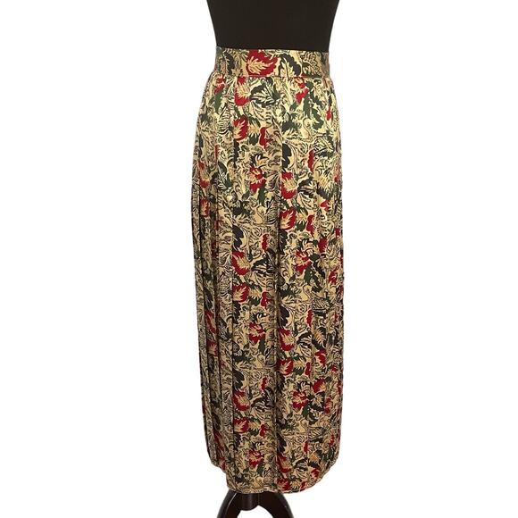 Vintage 80s High Rise Silk Maxi Skirt Box Pleated Button Down Skirt Floral Sz 18 - Picture 2 of 11